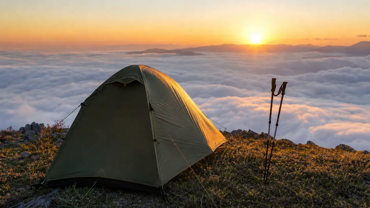 Einsatzbereich Trekking: ein leichtes Zwei-Personen-Trekkingzelt, abgespannt auf einem felsigen Bergvorsprung