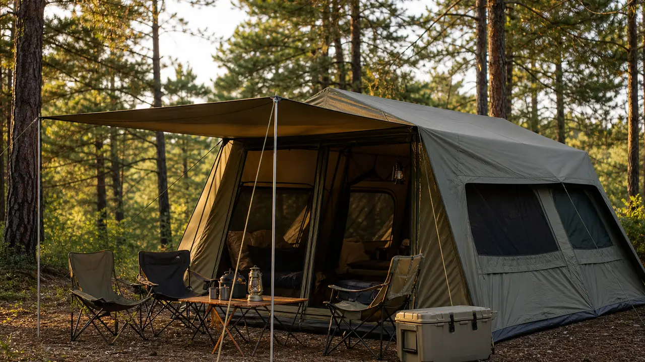 Einsatzbereich Familiencamping: ein großes Steilwandzelt und ein Kuppelzelt auf einem Rasencampingplatz mit abgespannten Leinen