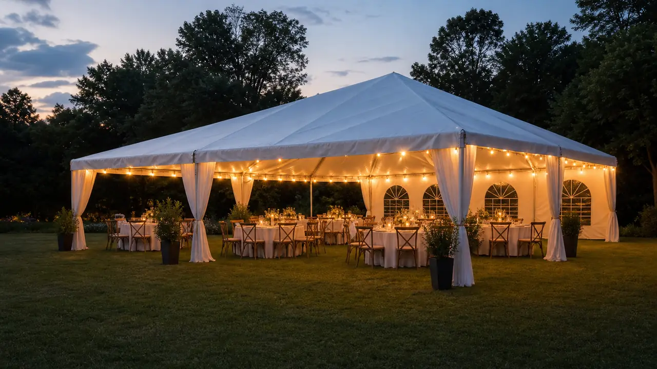 Einsatzbereich Hochzeit und Event: ein weißes PVC-Stangenzelt mit Seitenwänden auf einem Rasen, im Hintergrund Glockenzelte