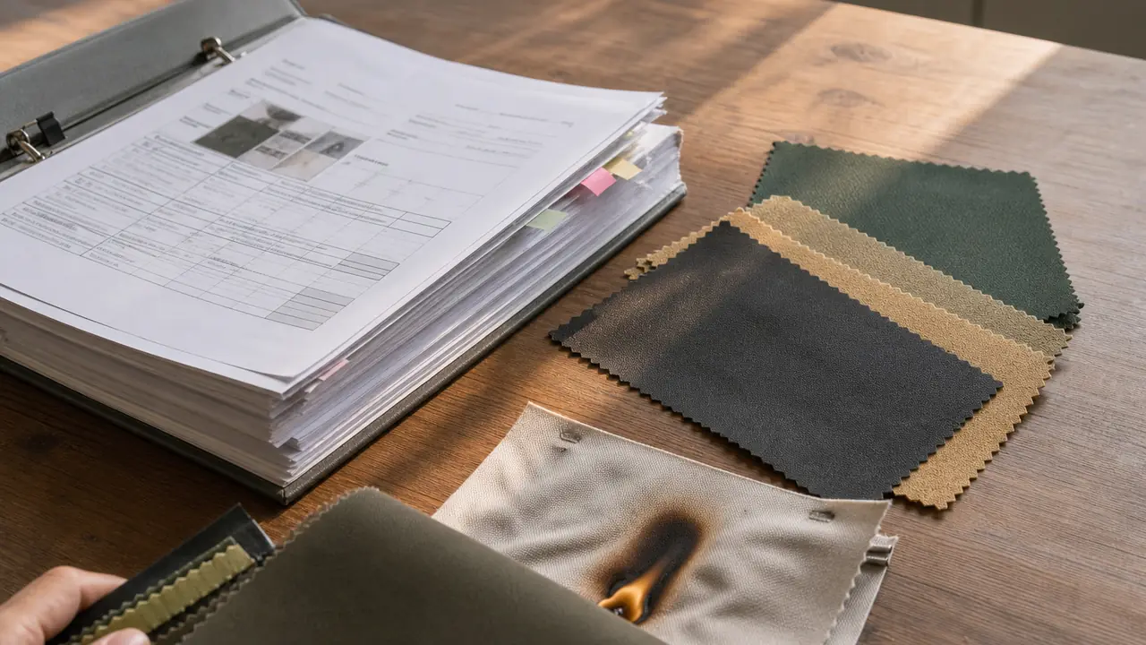 Compliance-Dokumente für Zelte: Prüfberichte und Etiketten neben einem gefalteten flammhemmenden Pavillondach