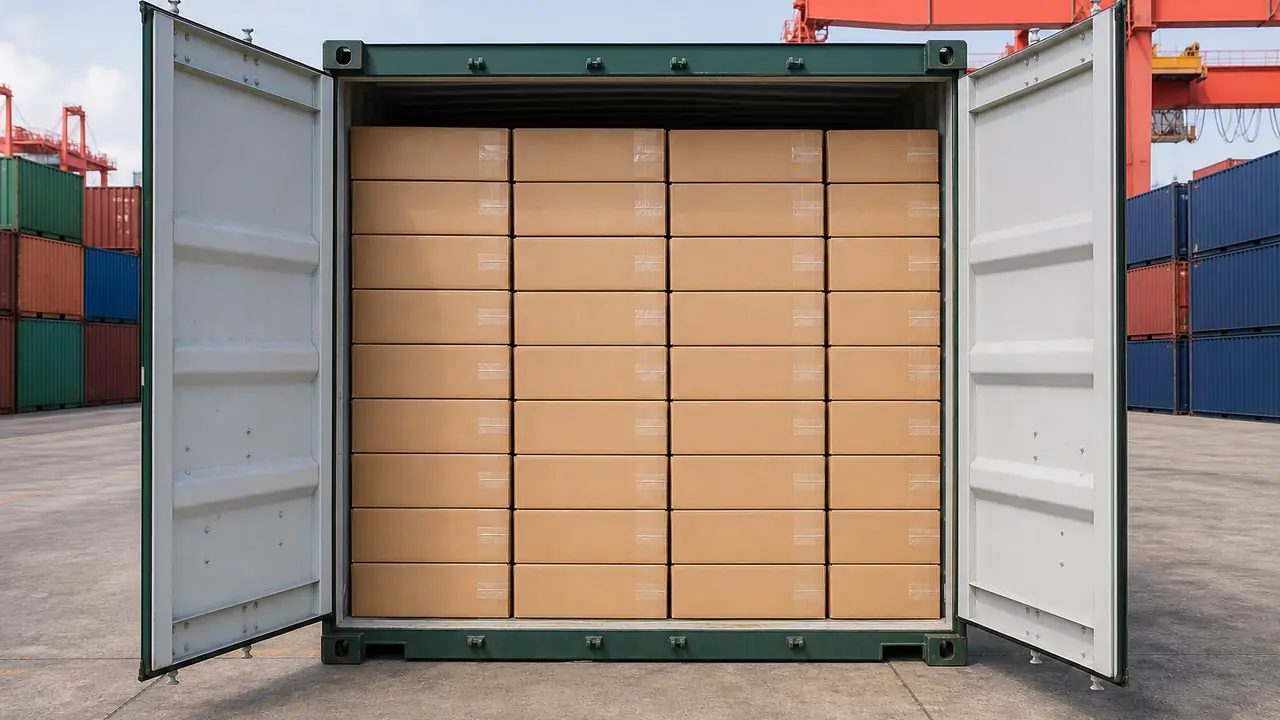 Zelt- und Pavillonkartons werden an einer Lagerrampe für die Seefracht in einen Container verladen