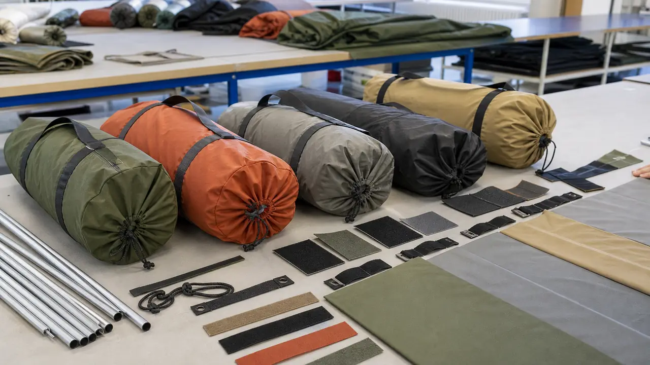 Private-Label-Zeltmuster auf einem Tisch mit Packtaschen, gewebten Etiketten und Stoffmustern für ein OEM-Programm