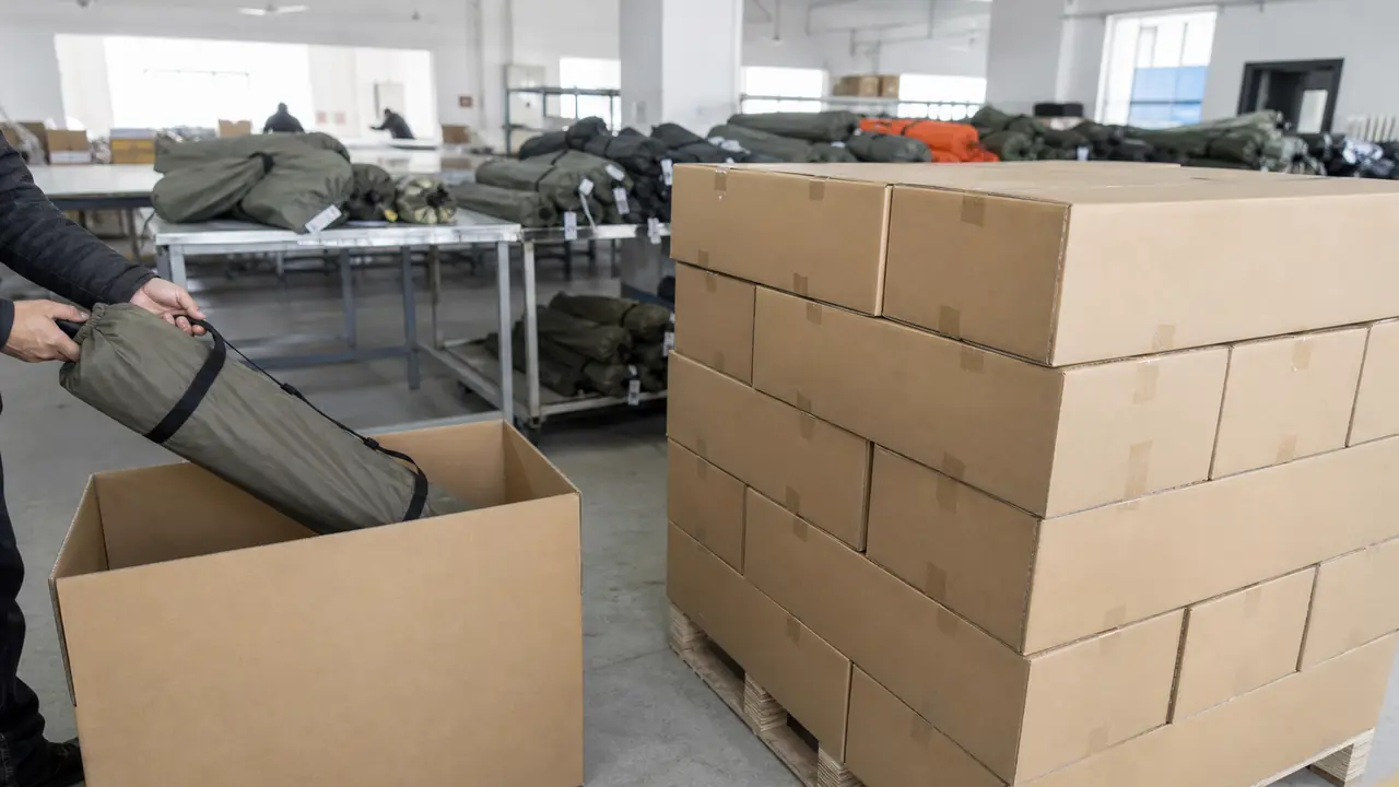 Tent packaging and palletizing: carry bags packed into master cartons stacked and stretch-wrapped on a pallet