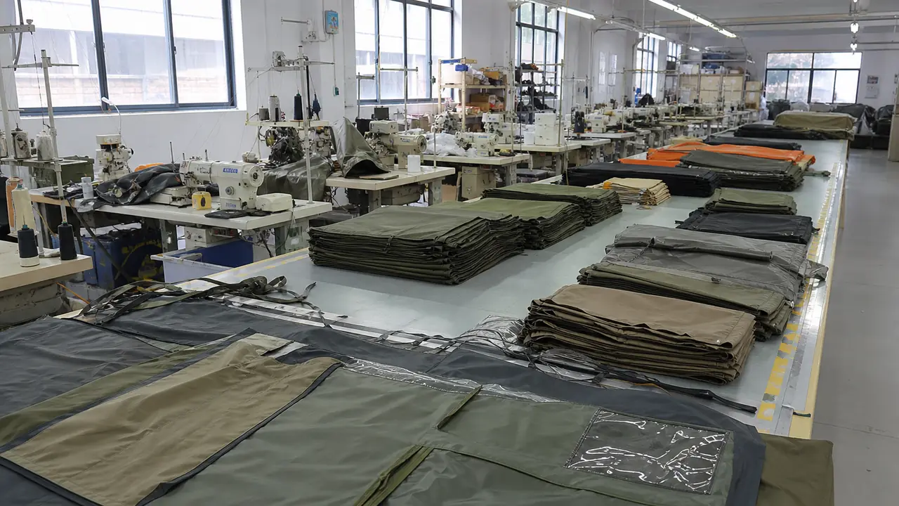 Produktionsprozess für Zelte in einer Fabrikhalle: Stoffrollen, Zuschnitttisch, Nählinie und Nahtabdichtungsmaschine