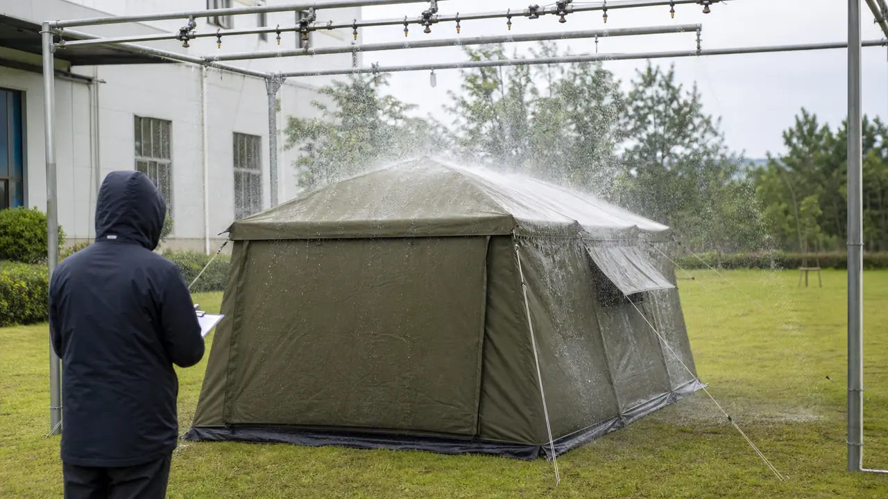 Tent testing and inspection: pop-up canopy pitched for checks beside sampled tent cartons and measuring tape