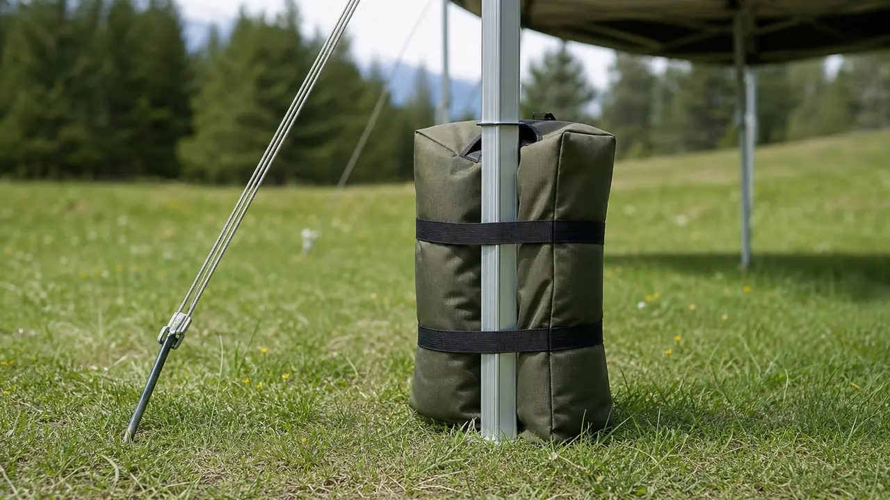 Canopy anchoring with a weight bag on each leg and a guy line staked out, beside a tent with tensioned guy lines