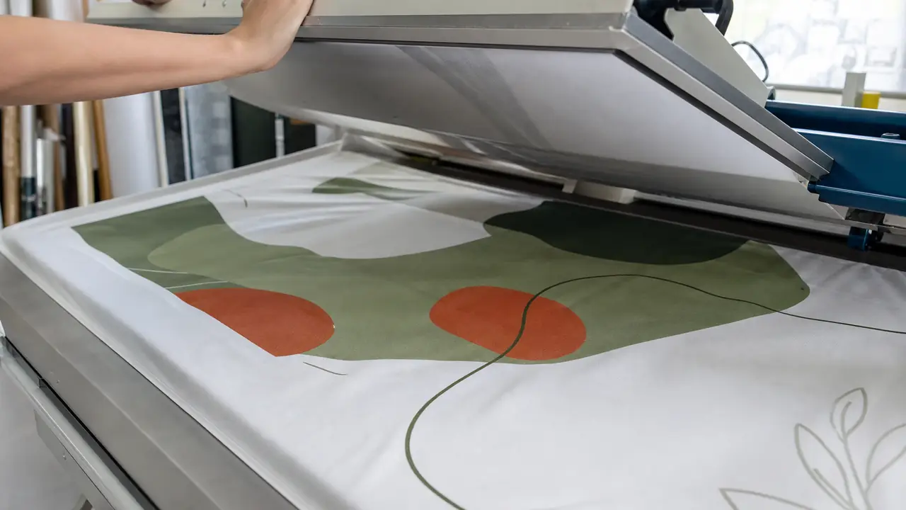 Pavillondruck in Arbeit: im Sublimationsdruck bedrucktes Polyester-Dachteil flach neben einer Rückwand ausgelegt