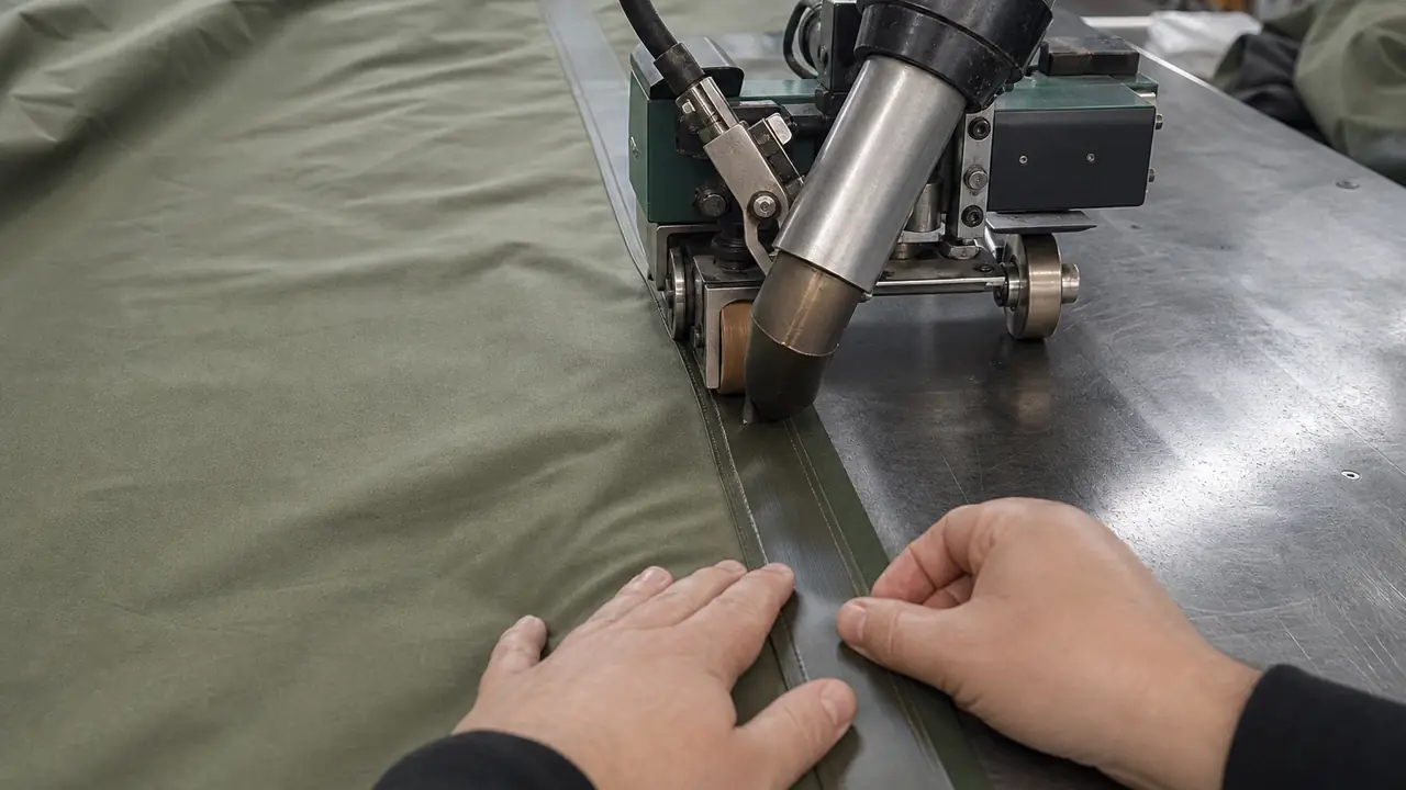 Close view of tent seams and waterproofing: taped seam on the inside of a polyester fly with water beading outside