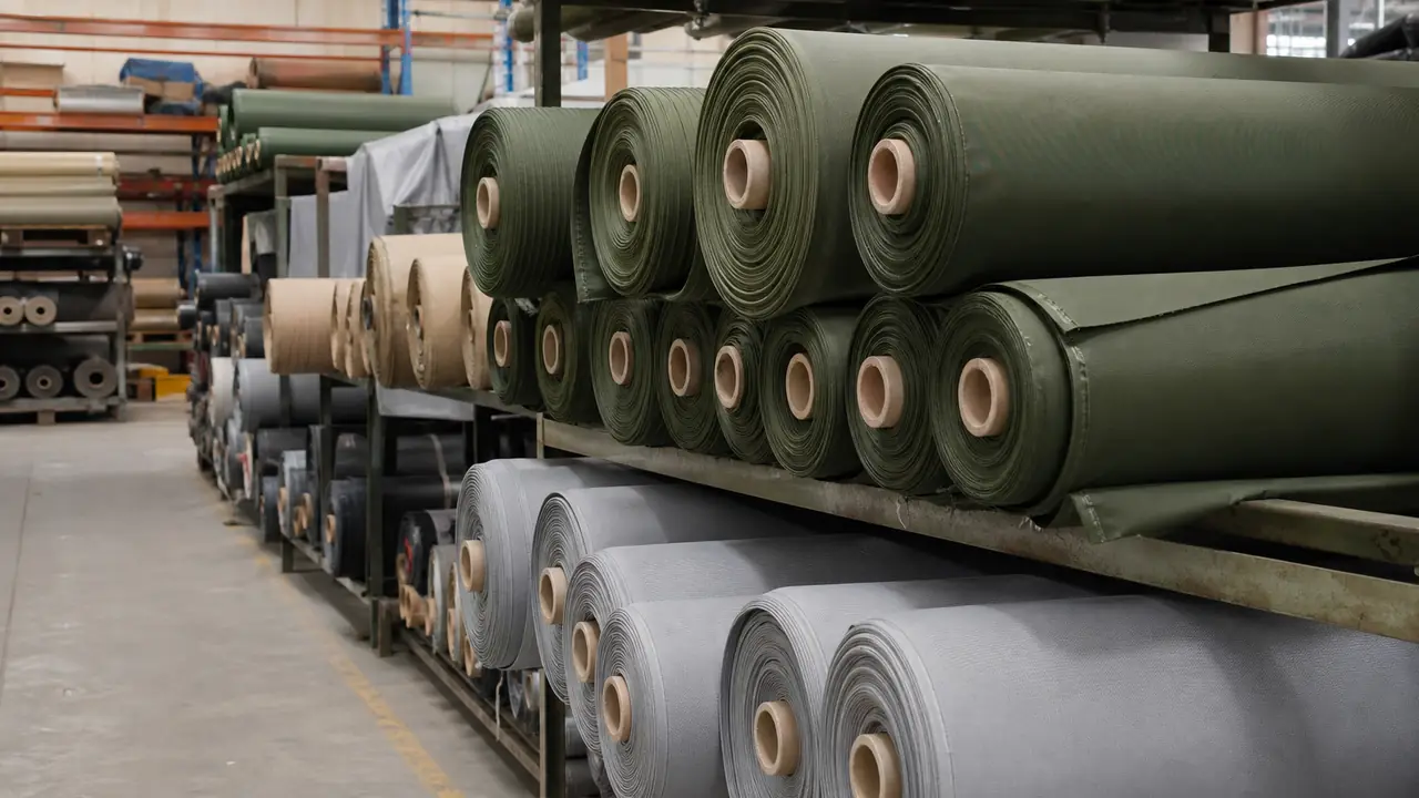 Swatches of tent fabrics and coatings: ripstop nylon, polyester fly, oxford floor, cotton canvas and PVC