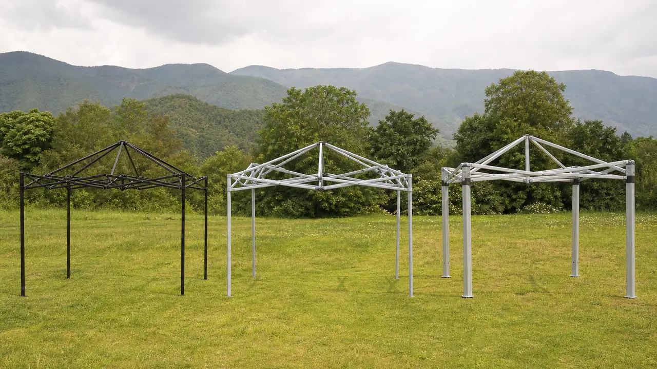 Canopy buying guide: 10x10 pop-up canopy with hexagonal aluminium legs, half walls and leg weights on a paved square