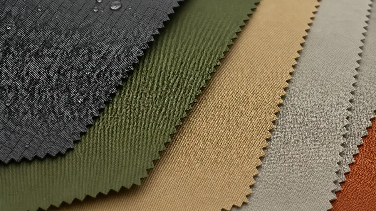 Tent fabric guide swatches: coated polyester, nylon ripstop, oxford, cotton canvas and PVC laid out on a table