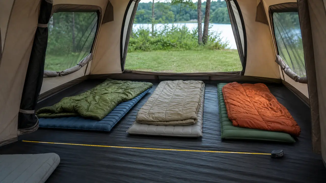 Tent sizing guide: two-person backpacking tent, four-person dome and ten-person cabin tent pitched in a row to compare size