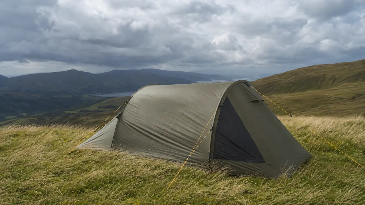 Weather and wind guide: dome tent staked out with guy lines tensioned under a grey rainy sky on a grassy field