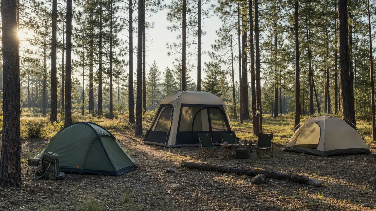 Reihe von Campingzelten auf einer Wiese: Kuppel-, Haus- und aufblasbare Luftzelte mit abgespannten Leinen