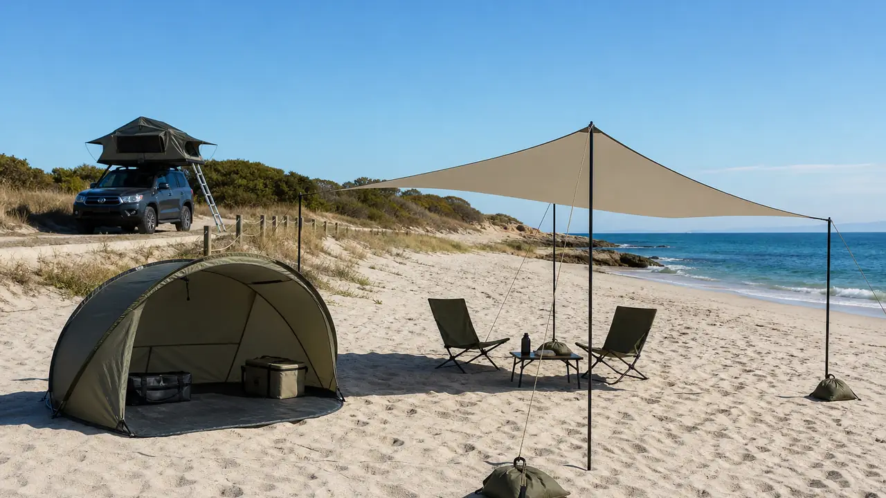Pop-up-Wurfzelt, Sonnensegel für den Strand, Duschzelt und Dachzelt auf einem sandigen Zeltplatz aufgebaut