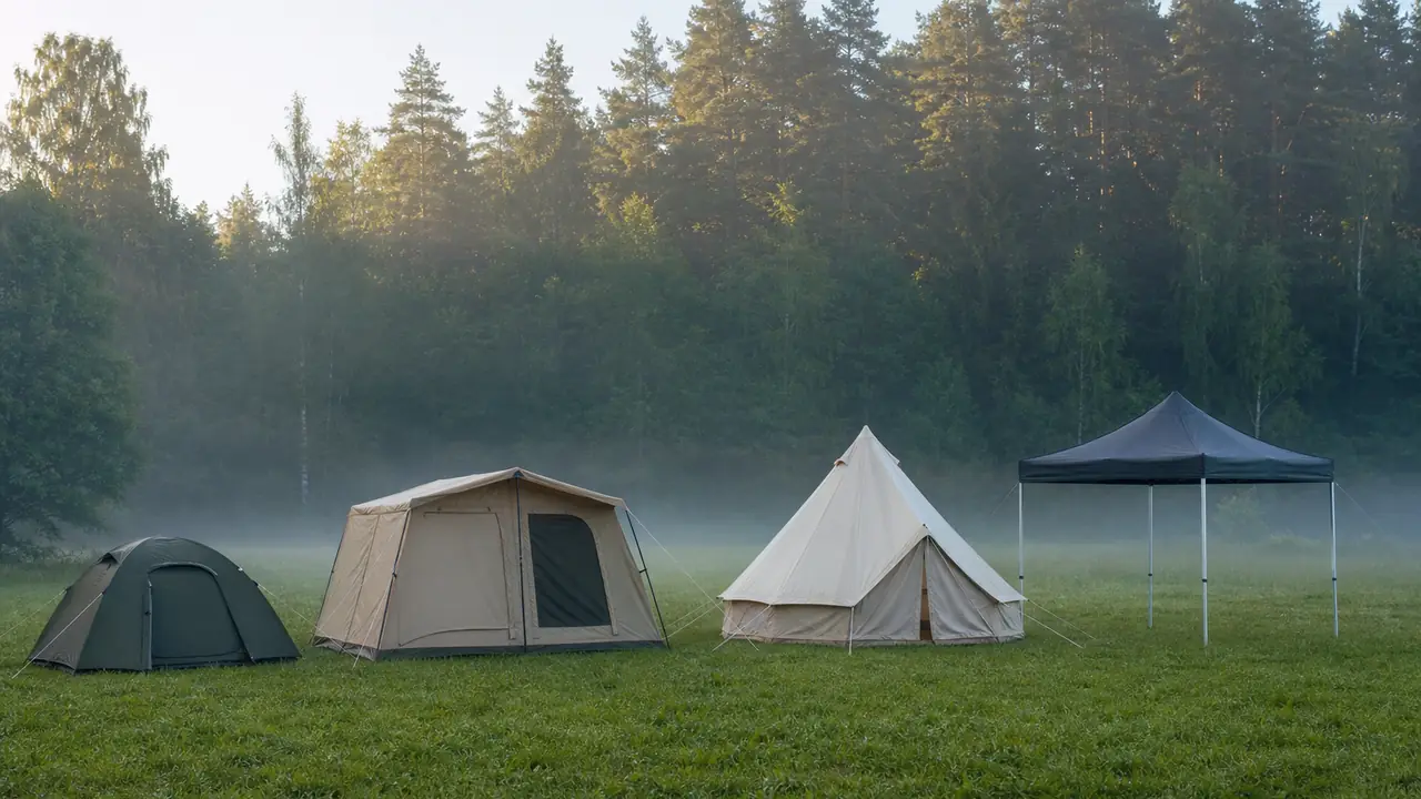 Dome tent, cabin tent, canvas bell tent and a pop-up canopy pitched in a row on a misty field at dawn