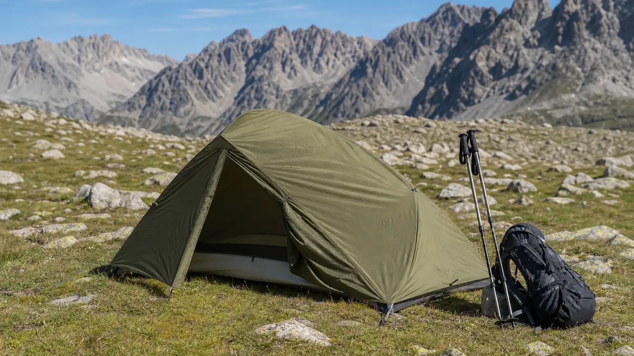 Graues Trekkingzelt für zwei Personen mit Außenzelt aus silikonbeschichtetem Nylon auf einem felsigen Pfad, Abspannleinen gesetzt