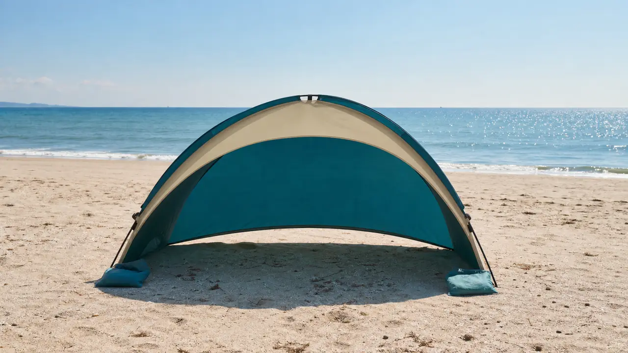 Ombreggiante elastico da spiaggia a quattro pali con sacchi di sabbia montato sulla sabbia accanto a una tenda da spiaggia pop-up