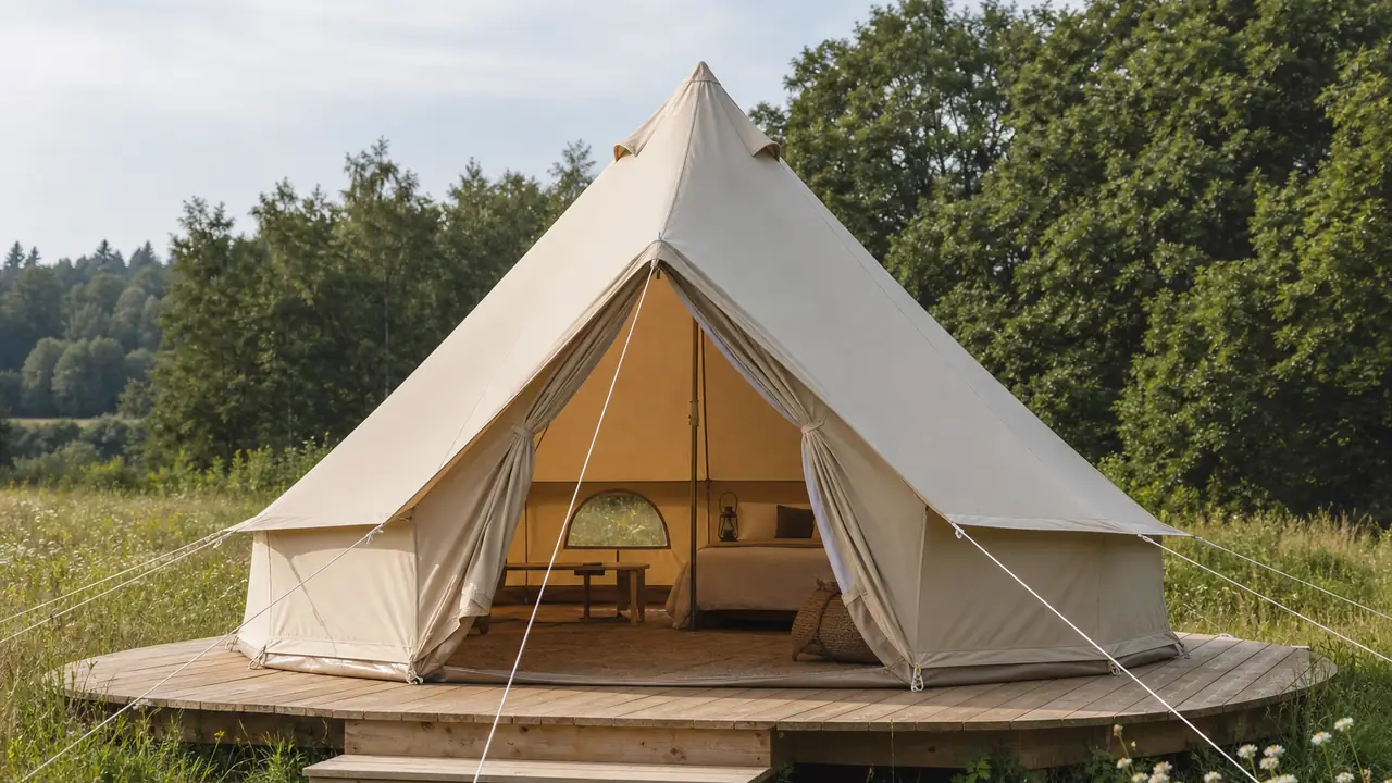 Tenda a campana glamping in tela di cotone color crema con la porta arrotolata e i tiranti picchettati in cerchio su un prato