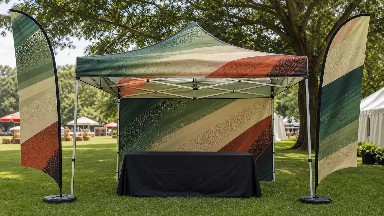 Kit di gazebo 10x10 stampato personalizzato con tetto a colori, parete posteriore, mezze pareti e due bandiere a vela a una fiera all'aperto