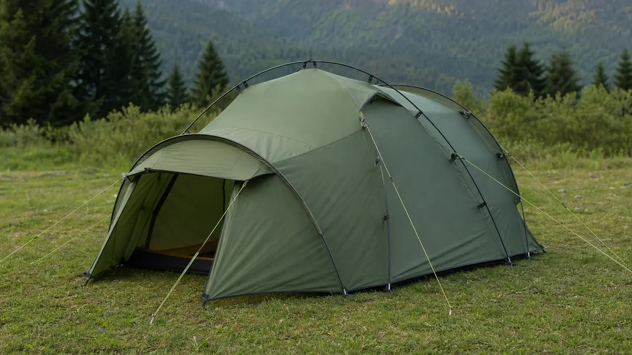 Green four-person dome camping tent with rainfly and front vestibule pitched on grass, guy lines staked out