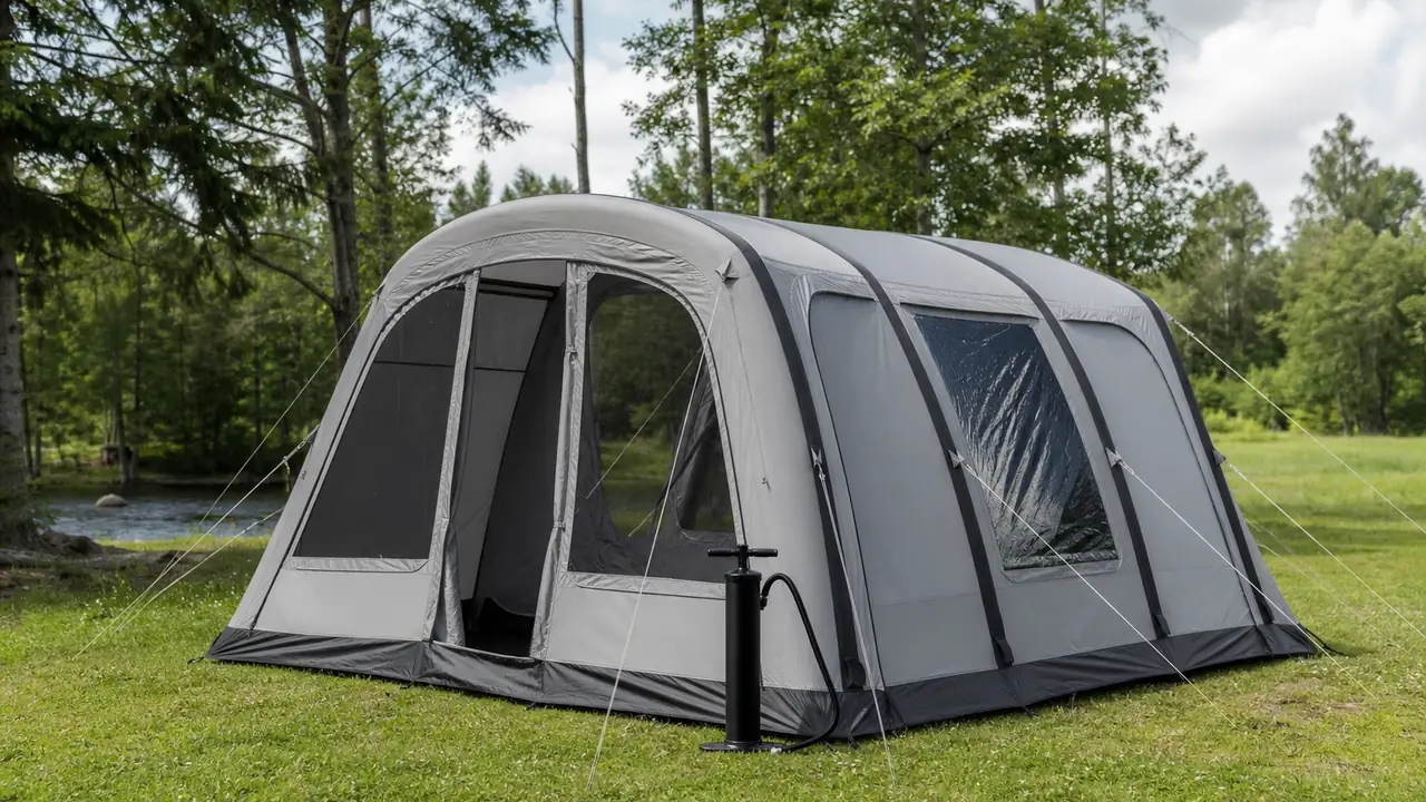 Five-person inflatable air tent with visible air beams and a front porch pitched on grass, guy lines out