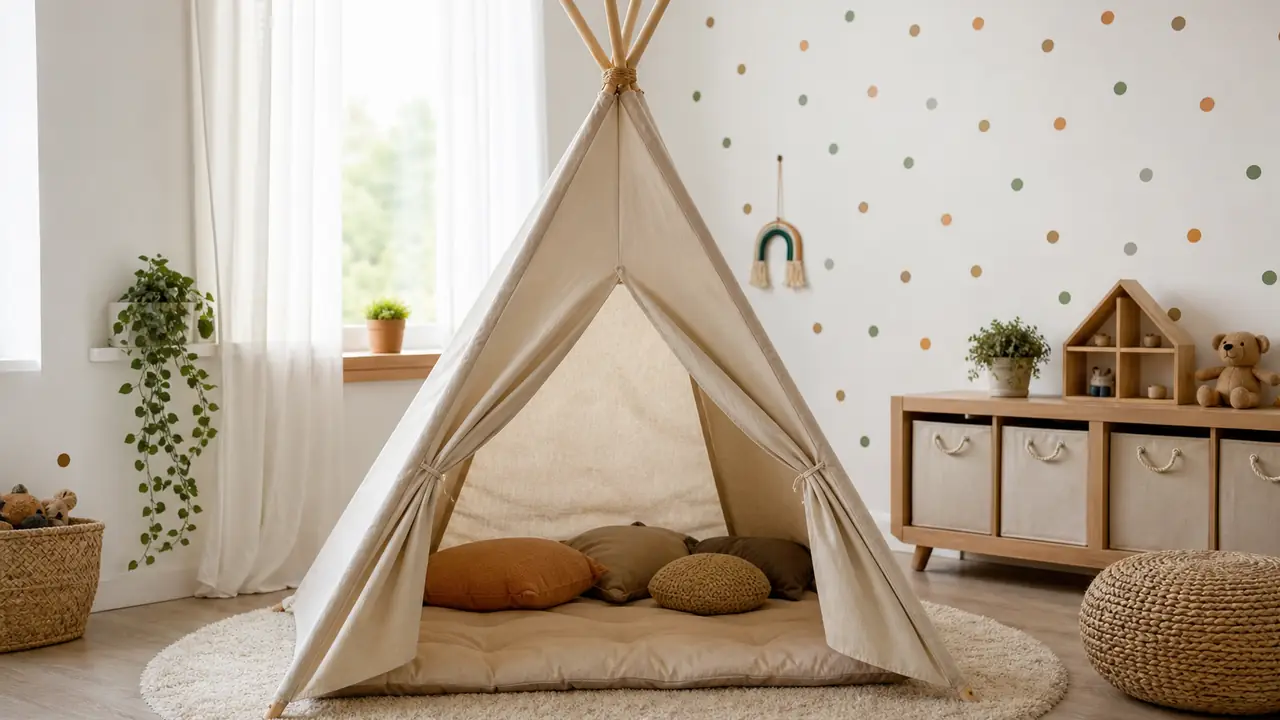 Teepee gioco per bambini in tela di cotone su pali in pino in una luminosa stanza dei giochi con cuscini all'interno