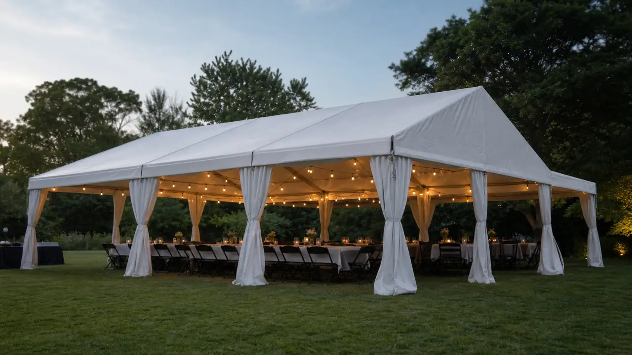 Tenda per feste bianca in PVC 20x40 ft con tetto a punta su pali e tiranti picchettati montata su un prato per un evento
