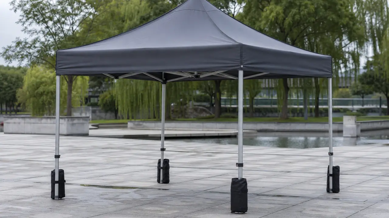 Gazebo pieghevole bianco 10x10 con gambe esagonali in alluminio e sacchi zavorra a ogni gamba su una piazza di mercato pavimentata