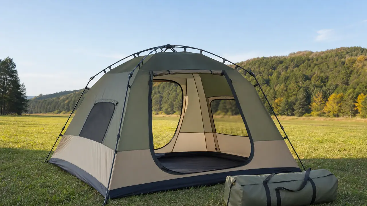 Tenda istantanea pop-up per sei persone con pali premontati e sopratelo montata in un campeggio erboso