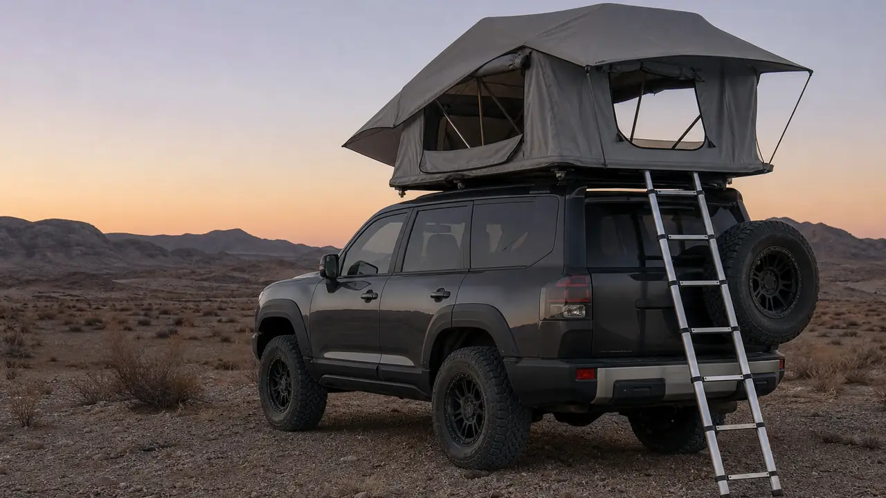 Tenda da tetto soft-shell aperta sul tetto di un veicolo con la scala in alluminio appoggiata a terra