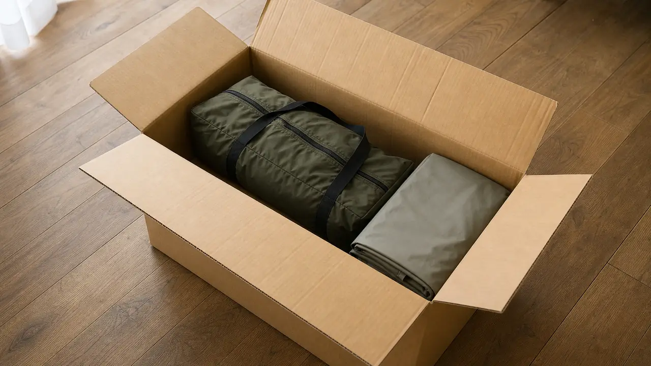 Produkte einer DTC-Zeltmarke: ein Sofortzelt, ein Strandsonnenschutz und ein Auto-Dachzelt neben ihren gepackten Taschen