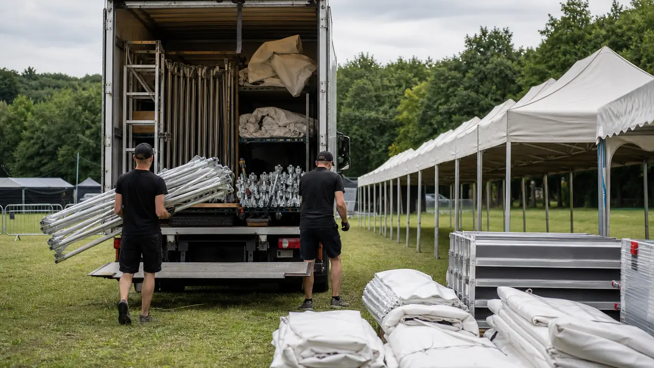 Illustration von Mietzelten für Events: bedruckte Faltpavillons mit Beinbeschwerungen neben einem weißen Partyzelt und Glockenzelten