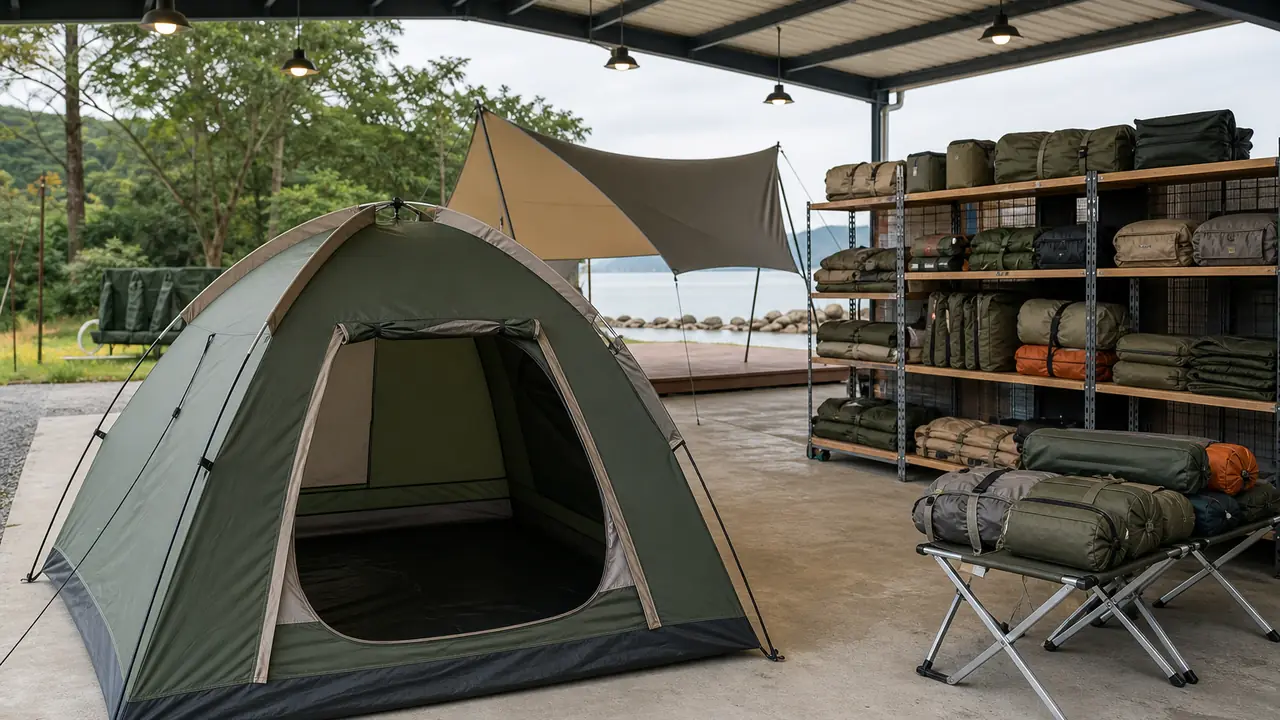 Illustration einer Handelspräsentation mit Campingzelt und Strandsonnenschutz sowie verpackten Kuppelzelten im Regal